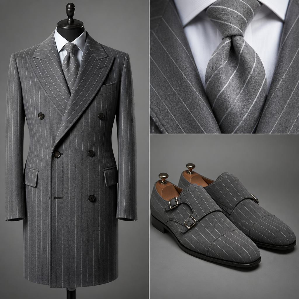 Men’s double breasted pinstriped grey /silver grey suede shoes , grey pinstriped matching king coat to match and matching pinstriped tie .
photorealistic fashion design, Men’s double breasted pinstriped grey /silver grey suede shoes , grey pinstriped matching king coat to match and matching pinstriped tie . , elegant style, just the design no text