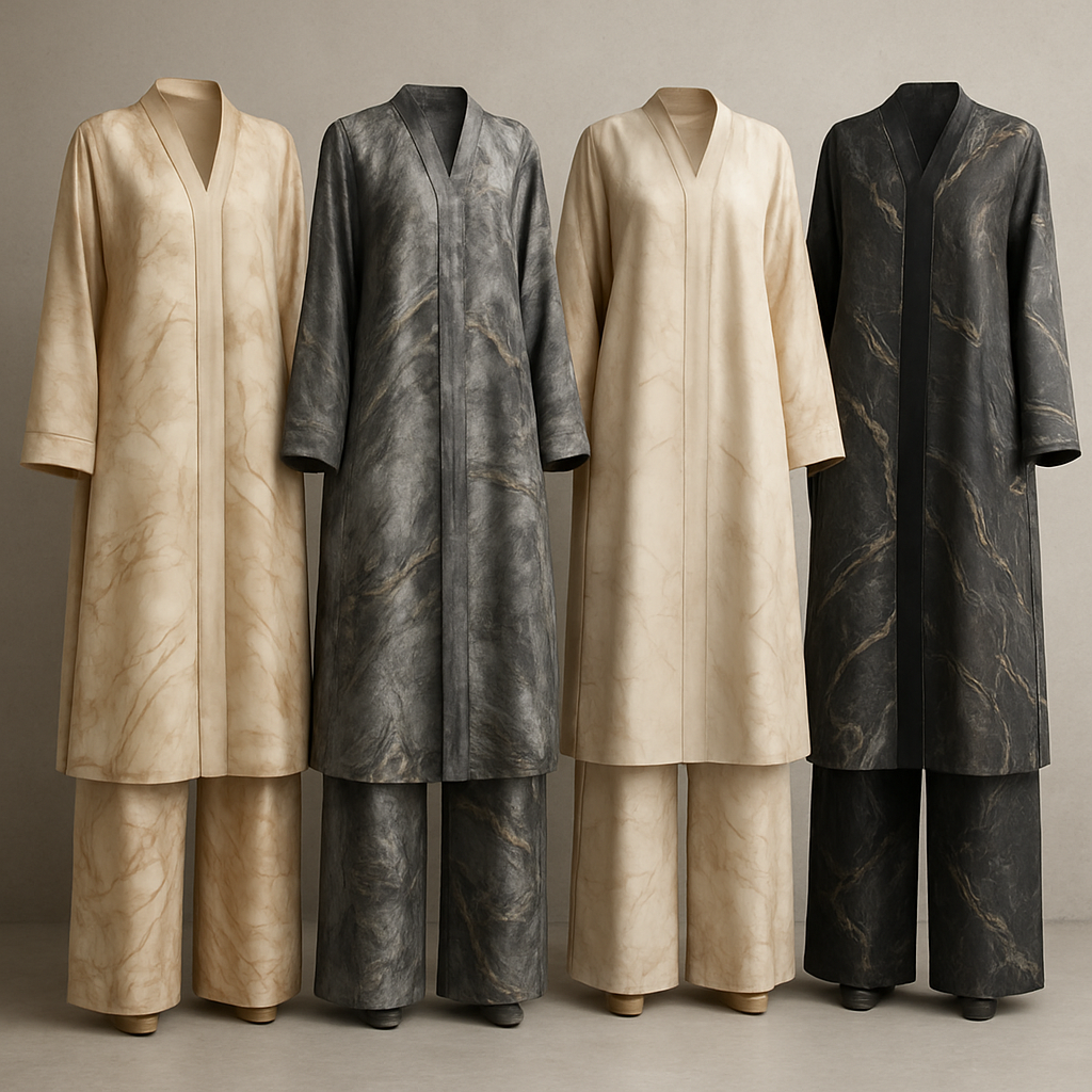 Create a modest abaya and loose pant, first of its kind, featuring a unique stone design that exudes a classy and sophisticated vibe. I'd like four designs, each showcasing different styles and fabrics. Incorporate high-end, unique chic stone designs to make them truly special. Add little sophisticated stone designs. Make it irresistible with designs that stands out.
Create a modest abaya and loose pant, first of its kind, featuring a unique stone design that exudes a classy and sophisticated vibe. I'd like four designs, each showcasing different styles and fabrics. Incorporate high-end, unique chic stone designs to make them truly special. Add little sophisticated stone designs. Make it irresistible with designs that stands out.