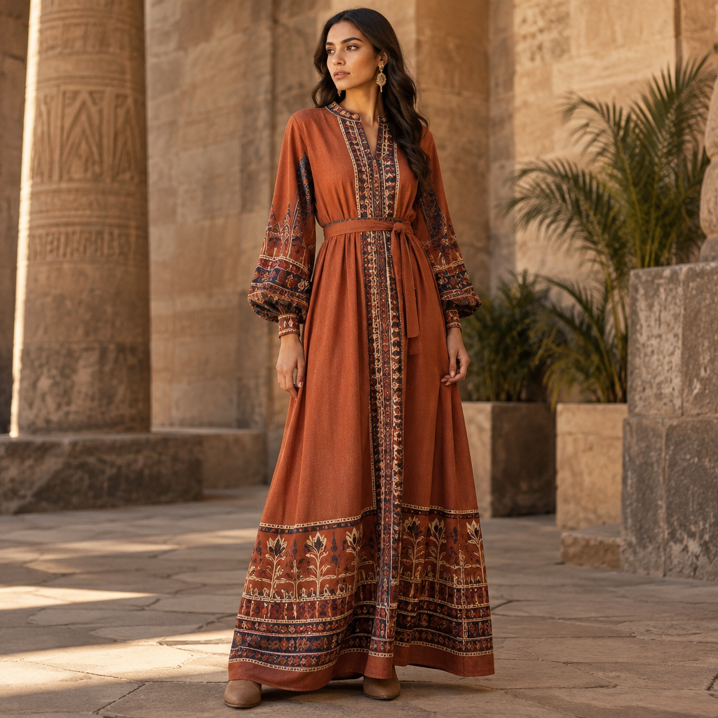 A Female Dress design, suitable for Fall. Consider Egyptian fashion — flowing silhouettes, vibrant colors, cotton and linen traditions, modest yet elegant. Current season is Autumn in Egypt. Present it as professional fashion catalogue photography: the garment is the subject, shown full-length with editorial styling, neutral posing and tasteful, non-suggestive framing.
photorealistic fashion design, A Female Dress design, suitable for Fall. Consider Egyptian fashion — flowing silhouettes, vibrant colors, cotton and linen traditions, modest yet elegant. Current season is Autumn in Egypt. Present it as professional fashion catalogue photography: the garment is the subject, shown full-length with editorial styling, neutral posing and tasteful, non-suggestive framing., just the design no text