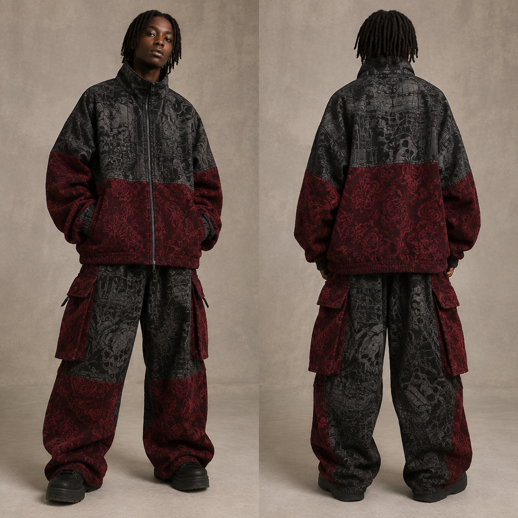 A Unisex fashion design. for the black part make it; Color: A monochrome palette composed of dark charcoal, grey, and black tones.
Pattern: A densely packed, chaotic doodle or graffiti-style collage that covers the entire surface.
Elements: The illustration features an array of various objects, including tools (like power drills and blades), mechanical parts, skulls, lettering (such as "Back Pocket" and Japanese text), wires, and abstract shapes layered closely together.
for the maroon part make it : Color: A deep, dark maroon or burgundy red.
Pattern: An all-over floral pattern featuring embossed or textured roses and leafy accents.
Texture: The surface appears to be a heavy, textured fabric (such as jacquard, damask, or heavy velvet) with a tactile, dimensional quality.
make it oversized. Kenya fashion aesthetics. Present it as professional fashion catalogue photography: the garment is the subject, shown full-length with editorial styling, neutral posing and tasteful, non-suggestive framing.
photorealistic fashion design, A Unisex fashion design. for the black part make it; Color: A monochrome palette composed of dark charcoal, grey, and black tones.
Pattern: A densely packed, chaotic doodle or graffiti-style collage that covers the entire surface.
Elements: The illustration features an array of various objects, including tools (like power drills and blades), mechanical parts, skulls, lettering (such as "Back Pocket" and Japanese text), wires, and abstract shapes layered closely together.
for the maroon part make it : Color: A deep, dark maroon or burgundy red.
Pattern: An all-over floral pattern featuring embossed or textured roses and leafy accents.
Texture: The surface appears to be a heavy, textured fabric (such as jacquard, damask, or heavy velvet) with a tactile, dimensional quality.
make it oversized. Kenya fashion aesthetics. Present it as professional fashion catalogue photography: the garment is the subject, shown full-length with editorial styling, neutral posing and tasteful, non-suggestive framing., just the design no text