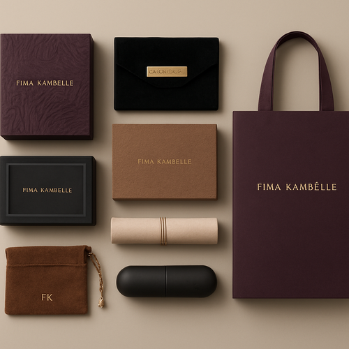 FIMA KAMBELLE clothing brand packaging 

1. Sculpted art boxes with carved textures in deep plum or obsidian.
2. Velvet-wrapped cases with gold metal nameplates.
3. Matte boxes with crystal-edge lids for a luxe reveal.
4. Sand-pressed textured boxes in rich, earthy tones.
5. Silk-wrapped scroll tubes for scarves and accessories.
6. Suede pouches with metallic cords and minimal FK branding.
7. Seamless magnetic capsules for a modern, couture feel.
8. Big paper bag
