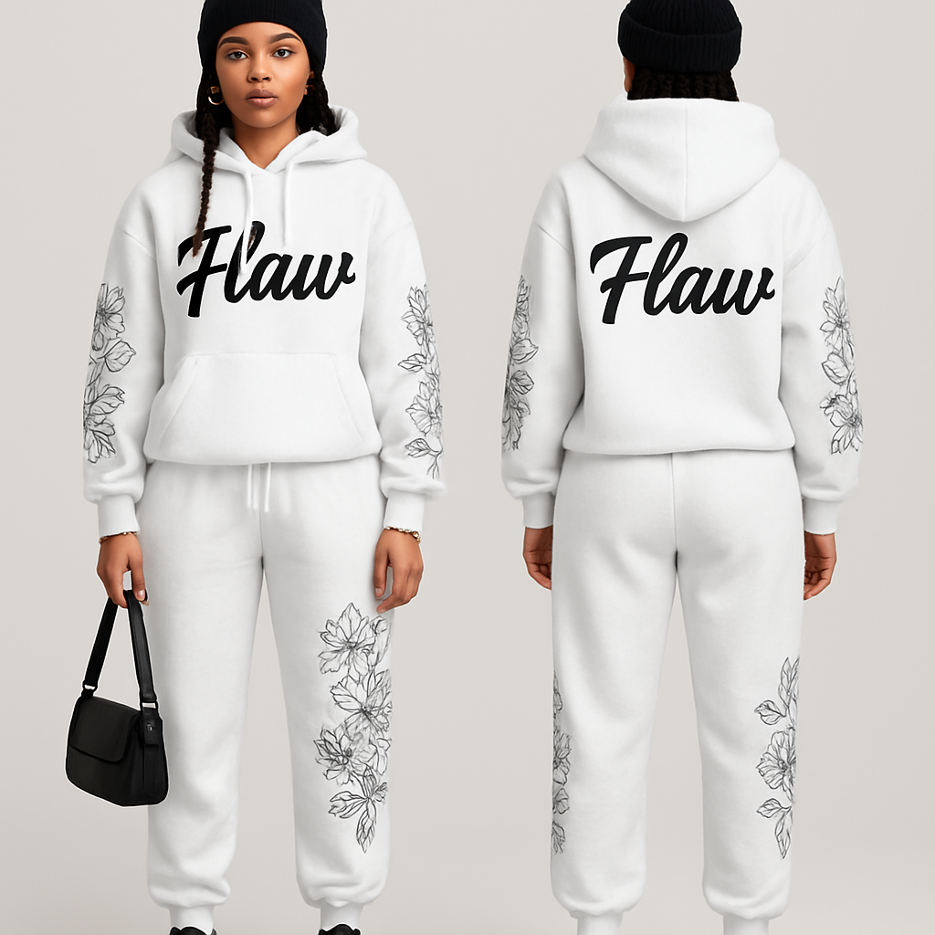White jogging suit hoodie with bold words Flaw in abbreviation on it in Black in cursive braids gold hoop earrings and gold bracelet flowers on the sleeves and pants Black cross body purse and black nike shoes a black beanie
White jogging suit hoodie with bold words Flaw in abbreviation on it in Black in cursive braids gold hoop earrings and gold bracelet flowers on the sleeves and pants Black cross body purse and black nike shoes a black beanie , show front and back