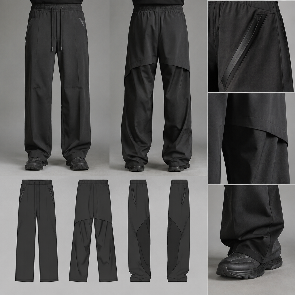 I want the lower part of a man's tracksuit that has pockets under the slant, the front goes straight down, it just goes down, the back has a cut below the middle of the thigh, and the render goes down, so that the front comes straight and the back is rendered
photorealistic fashion design, I want the lower part of a man's tracksuit that has pockets under the slant, the front goes straight down, it just goes down, the back has a cut below the middle of the thigh, and the render goes down, so that the front comes straight and the back is rendered, techwear style, just the design no text