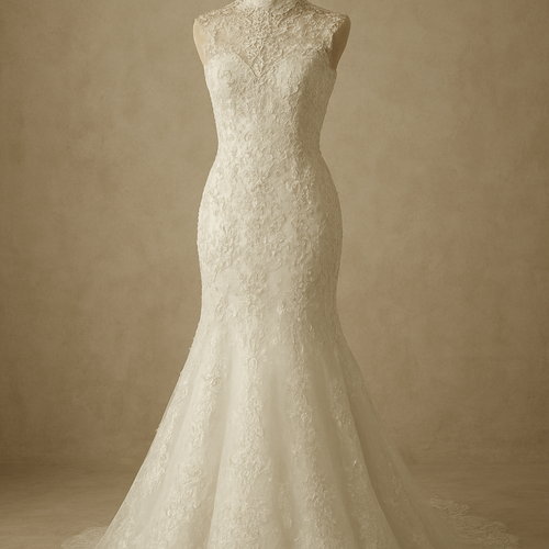 A turtle neck sleeveless laced and embroidered with stones full white mermaid wedding gown