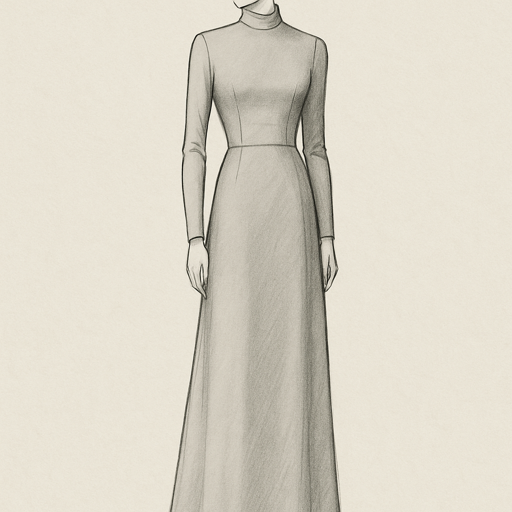 Custom Gown Design Specification
Inspiration Keywords: Elegant, Architectural, Romantic, 1920s-Inspired, Modern Classic.
Silhouette:
· Drop Waist: The defining feature. The bodice extends to the low hip, where a distinct seam connects to the skirt. This creates an elongated torso and a sophisticated, linear silhouette.
Neckline & Bodice:
· High Neck: A structured, high "portrait" or "band" collar that sits snugly against the throat. It is designed to frame the face and create a graceful, vertical line.
· Bodice Construction: The bodice is tailored and fitted, following the natural curves of the torso down to the low hip. It is suggested to have internal boning for structure and a smooth shape.
· Suggested Fabric: Matte satin, mikado silk, or a structured crepe for a modern look. For a romantic look, the entire bodice could be lace-appliquéd.
Sleeves:
· Style: Long, fitted sleeves that extend to the wrist.
· Design Options (Choose One):
  1. Pointed Cuff: The sleeve extends into a soft, elegant point over the back of the hand.
  2. Sheer Illusion: Made of a sheer fabric like illusion tulle, possibly with lace appliqués or beading for detail.
  3. Structured & Opaque: Made of the same structured fabric as the bodice, creating a clean, minimalist line.
Skirt:
· Style: From the drop waist, the skirt falls in a soft, columnar or very slight A-line shape. It should drape elegantly and move with the body, not be overly full or stiff.
· Suggested Fabric: The same as the bodice for a seamless look, or a lighter fabric like silk crepe or chiffon for a more fluid drape.
Back Details (Optional but Recommended):
· A concealed zipper or a row of small, fabric-covered buttons running from the nape of the neck down the center back to the drop waist seam.
Visual Summary:
The overall effect is that of a sleek, elongated column. The high neck and long sleeves create a sense of refined coverage and modern elegance, while the drop waist adds a unique, vintage-inspired focal point that is both dramatic and flattering.
---
This detailed description gives a designer a very clear blueprint to work from. Good luck with your beautiful dress
Classic fashion design: **Classic Gown Design:**
**Silhouette:** Long, straight, with a defined drop waist.
**Neckline:** High neck, close to the throat.
**Bodice:** Fitted, structured.
**Sleeves:** Long, fitted.
**Skirt:** Soft, straight fall.
**Details:** Minimal, controlled.
**Fabric:** Plain silk or crisp cotton.
**Color:** Solid, muted color.