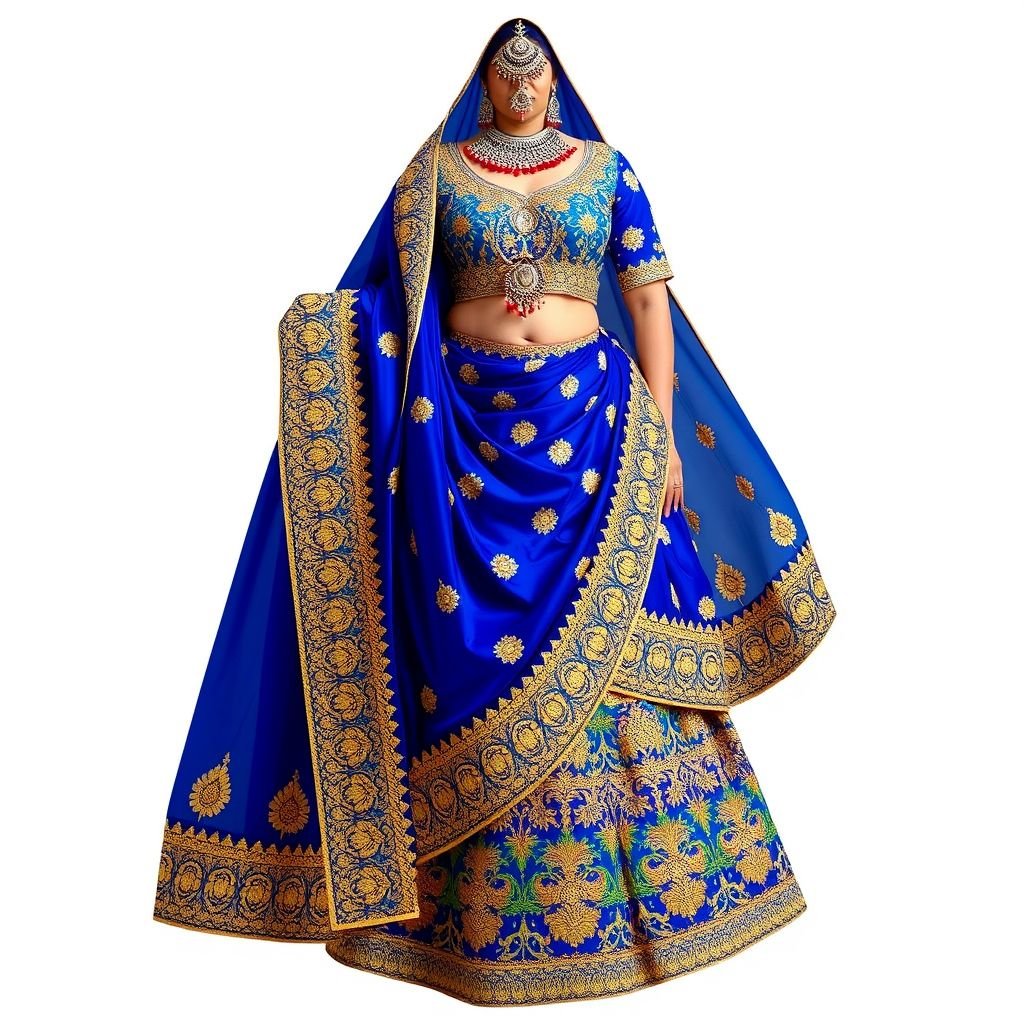 Bridal
Create a stunning Indian bridal ensemble featuring a luxurious leheriya saree in vibrant hues of royal blue and gold. Adorn it with intricate zardozi work and shimmering sequins, complemented by a dazzling heavy dupatta. Include traditional jewels like a maang tikka and jhumkas, exuding elegance and cultural richness throughout the design.