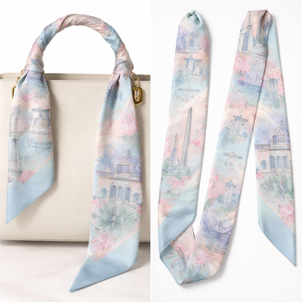 Design a silk scarf that is 5 x 86cm that wraps around a handle of a handbag
The scarf is for the 2026 world cup and will be worn in the host city of Kansas City, MO. Design something with no logo or words but is simple feminine and soft and a hero standout scarf to celebrate the city being a global stage but simple
Design a silk scarf that is 5 x 86cm that wraps around a handle of a handbag
The scarf is for the 2026 world cup and will be worn in the host city of Kansas City, MO. Design something with no logo or words but is simple feminine and soft and a hero standout scarf to celebrate the city being a global stage but simple, classic style, show front and back