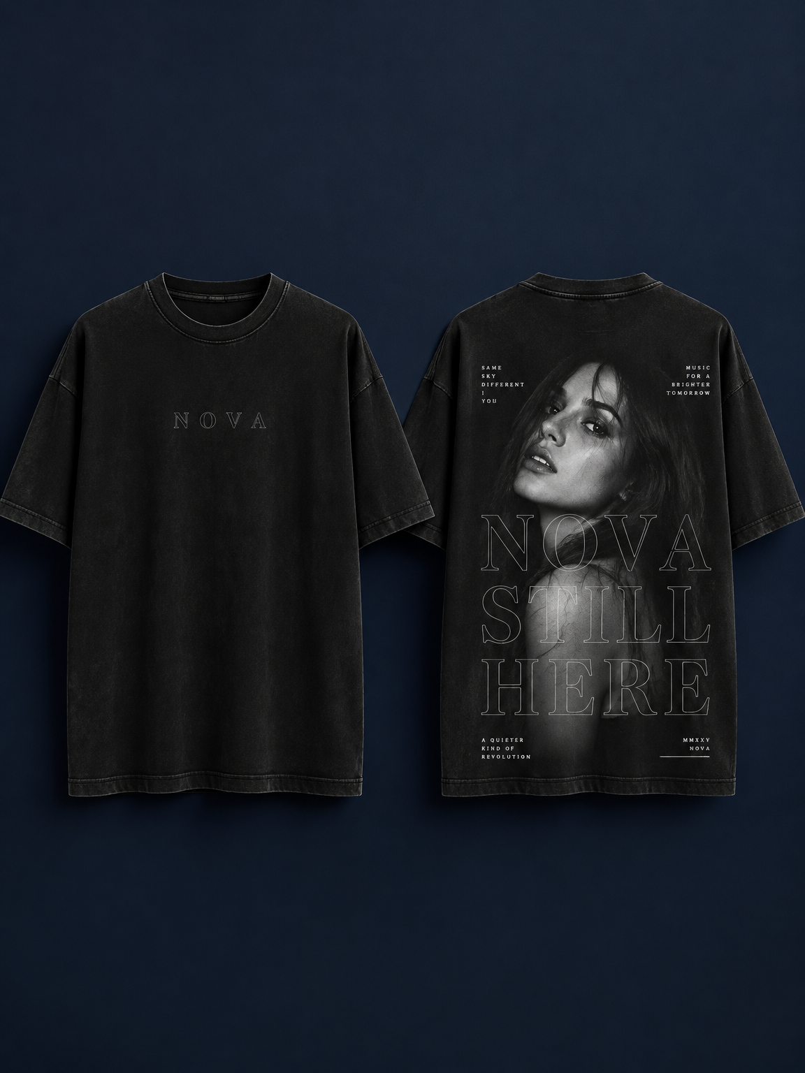 Design a premium black oversized streetwear T-SHIRT, short sleeves, crew neck, NOT a hoodie.
Match the aesthetic of premium artist merchandise from modern streetwear brands.
FRONT DESIGN:
Minimal and clean. Small centered uppercase artist-name typography across the upper chest, using thin outlined white letters. Lots of empty black space.
BACK DESIGN:
A large monochrome photographic portrait of a female music artist, centered on the back. Overlay the portrait with multiple lines of large, thin, outlined uppercase typography, layered over the image with a transparent effect. Add subtle small text details inspired by album artwork and song lyrics. Keep the design monochrome black, white, and gray, with excellent contrast and a sophisticated editorial layout.
GARMENT:
Washed black heavyweight cotton, oversized boxy fit, dropped shoulders, realistic premium fabric texture.
MOCKUP:
Show the front and back of the SAME short-sleeve T-shirt side by side against a deep navy-blue studio background. Realistic product photography, clean composition, accurate garment proportions.
Important: T-shirt only, no hood, no sweatshirt, no collage, no extra product detail panels. Use original artwork and placeholder text rather than reproducing copyrighted lyrics.
Design a premium black oversized streetwear T-SHIRT, short sleeves, crew neck, NOT a hoodie.
Match the aesthetic of premium artist merchandise from modern streetwear brands.
FRONT DESIGN:
Minimal and clean. Small centered uppercase artist-name typography across the upper chest, using thin outlined white letters. Lots of empty black space.
BACK DESIGN:
A large monochrome photographic portrait of a female music artist, centered on the back. Overlay the portrait with multiple lines of large, thin, outlined uppercase typography, layered over the image with a transparent effect. Add subtle small text details inspired by album artwork and song lyrics. Keep the design monochrome black, white, and gray, with excellent contrast and a sophisticated editorial layout.
GARMENT:
Washed black heavyweight cotton, oversized boxy fit, dropped shoulders, realistic premium fabric texture.
MOCKUP:
Show the front and back of the SAME short-sleeve T-shirt side by side against a deep navy-blue studio background. Realistic product photography, clean composition, accurate garment proportions.
Important: T-shirt only, no hood, no sweatshirt, no collage, no extra product detail panels. Use original artwork and placeholder text rather than reproducing copyrighted lyrics., streetwear style