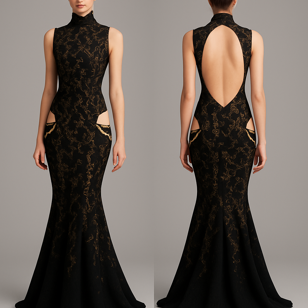 the dress is going to be black with gold thread. A backless and sleeveless turtleneck, it’s fitted and at the hips there’s two open pieces which show off a hip window with gold chains, it also has a mermaid skirt at the bottom.
the dress is going to be black with gold thread. A backless and sleeveless turtleneck, it’s fitted and at the hips there’s two open pieces which show off a hip window with gold chains, it also has a mermaid skirt at the bottom. , elegant style, show front and back