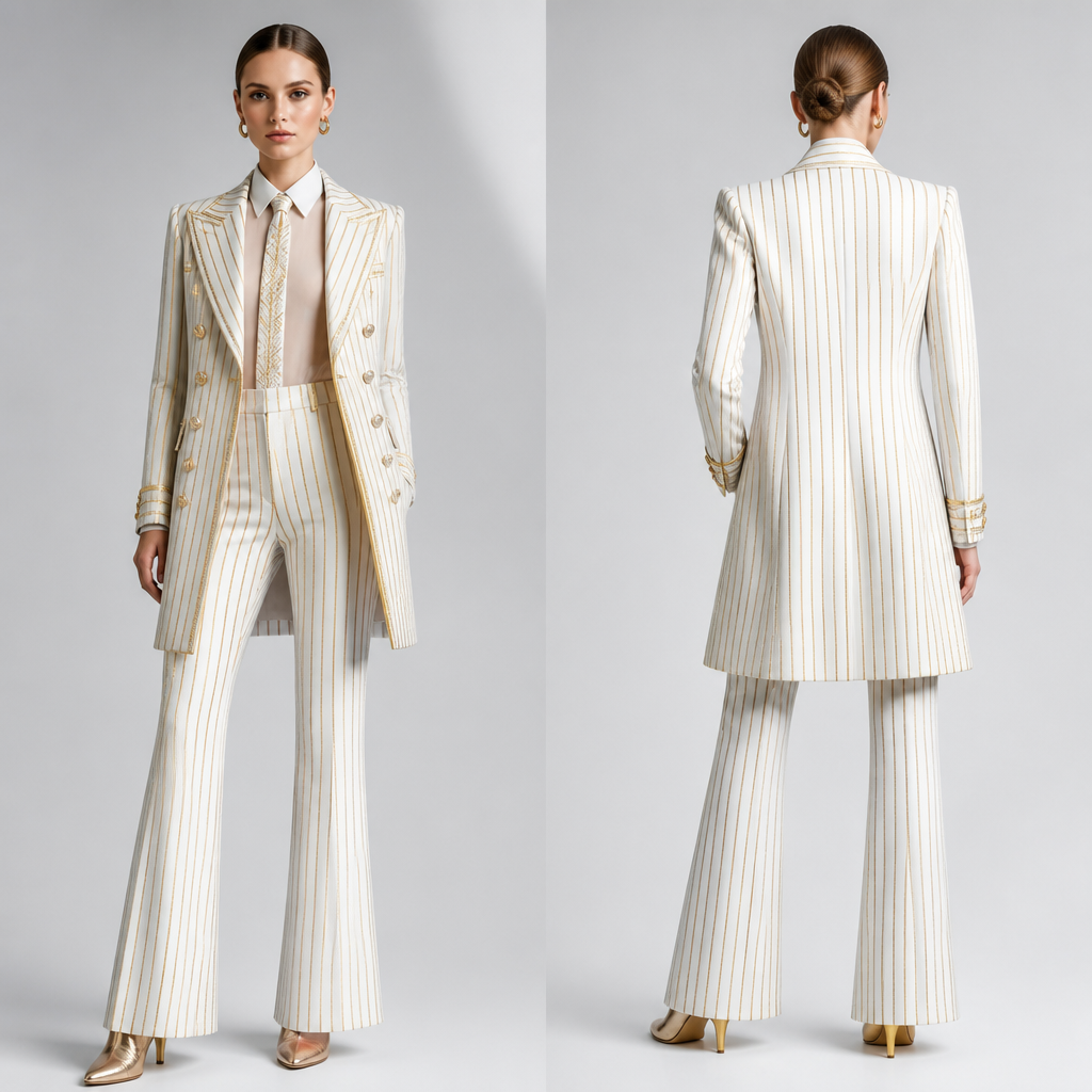 Woman double breasted pinstripe coat , in gold and white and with a white sheer collar shirt with a matching pinstripe tie , matching pants a little flair , gold short booties
photorealistic fashion design, Woman double breasted pinstripe coat , in gold and white and with a white sheer collar shirt with a matching pinstripe tie , matching pants a little flair , gold short booties , glamorous style, just the design no text, show front and back