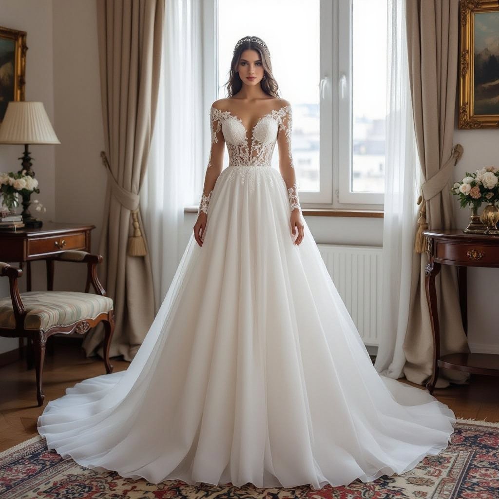 فستان زفاف ابيضّ من التول الناعم و أكمام طويلة و نفشة كبيرة مع خصر ضيق جداً
White soft tulle wedding dress, A-line, with long sleeves and a full skirt, featuring a very tight waist.