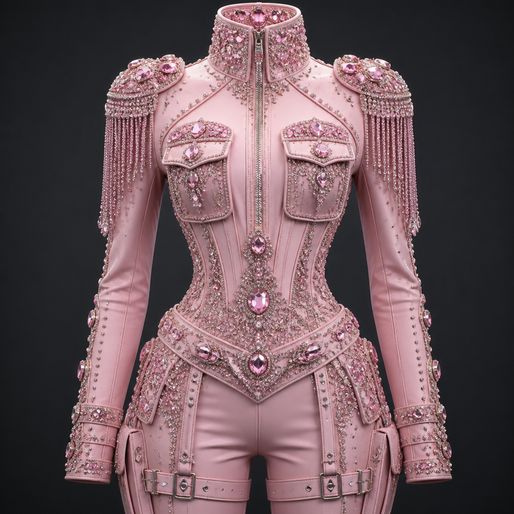 Pink with toons of crystals
photorealistic fashion design, Pink with toons of crystals , military style, just the design no text