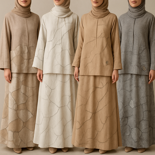 Create a modest two-piece linen abaya, the first of its kind, featuring a unique stone design that exudes a classy and sophisticated vibe. I’d like four designs, each showcasing different styles and fabrics. Incorporate high-end, unique chic stone designs to make them truly special. Add little sophisticated stone designs.