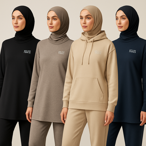 Create a revolutionary women’s modest loose gym wear brand called “Modest Fleur”. Display the brand name on the  in a unique design on the upper right side, in small thick writing that exudes a classy and sophisticated vibe. I’d like four designs, each showcasing different styles and fabrics, with high-end, chic designs to make them truly special.