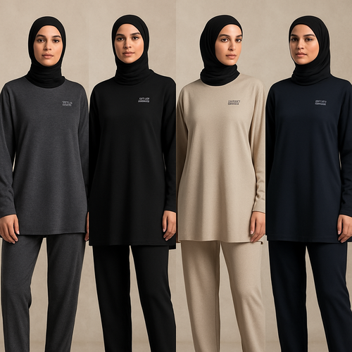 Create a revolutionary women’s modest loose gym wear brand called “Modest Fleur”. Display the brand name on the  in a unique design on the upper right side, in small thick writing that exudes a classy and sophisticated vibe. I’d like four designs, each showcasing different styles and fabrics, with high-end, chic designs to make them truly special.