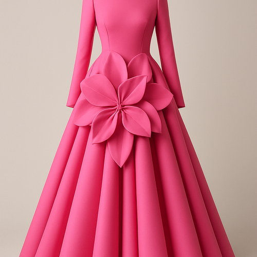 I want a pink scuba material bou bou gown long sleeves with a big flower plitted design 
