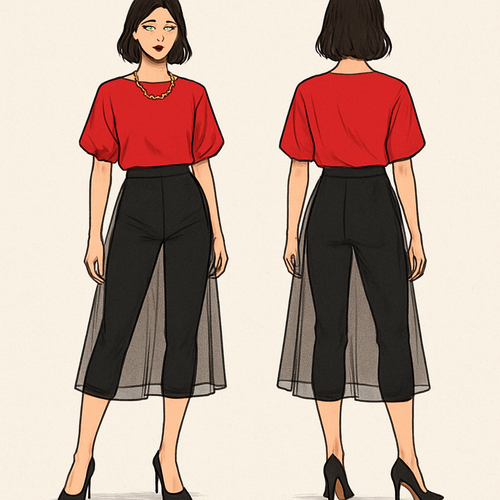 Red blouse with capri pants a see through skirt over the pants a gold necklace black heels 