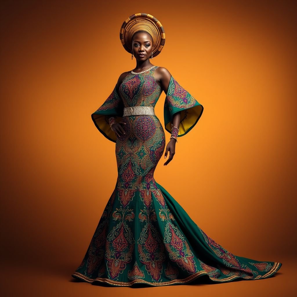 Sketch an african asp ebi beaded gown
Design an opulent African Aso Ebi gown adorned with intricate beadwork that mimics the patterns of traditional tribal art. The dress features a fitted bodice with cascading sleeves, flowing into a dramatic train. Rich jewel tones dominate the palette, while a shimmering beaded belt cinches the waist, radiating elegance and cultural heritage.