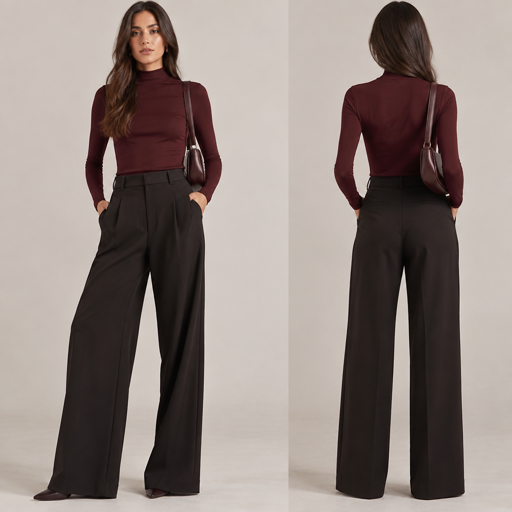 A Female fashion design. بدي لبس بنطلون واسع الونه اسمر وبلوزة مافتوح والون خمري. Israel fashion aesthetics. Present it as professional fashion catalogue photography: the garment is the subject, shown full-length with editorial styling, neutral posing and tasteful, non-suggestive framing.
photorealistic fashion design, A Female fashion design. بدي لبس بنطلون واسع الونه اسمر وبلوزة مافتوح والون خمري. Israel fashion aesthetics. Present it as professional fashion catalogue photography: the garment is the subject, shown full-length with editorial styling, neutral posing and tasteful, non-suggestive framing., just the design no text