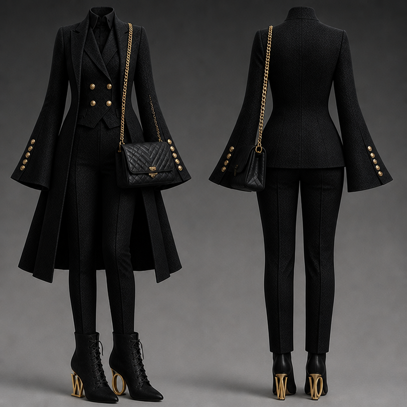 Make it in black , change the heels to a W and a O in gold
edit the attached fashion design with these instructions: Make it in black , change the heels to a W and a O in gold. keep it photorealistic, just the design no text