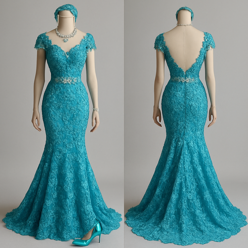 A gorgeous blue lace dress covered fully in flowers, silk and diamonds all around and a flowing silhouette with an hourglass figure almost like a mermaid shape wedding dress, but teal with silk and four lace everywhere diamonds and jewel, headband and other accessories like necklaces, beautiful glass, diamond, high heels, and a diamond waistband on a mannequin