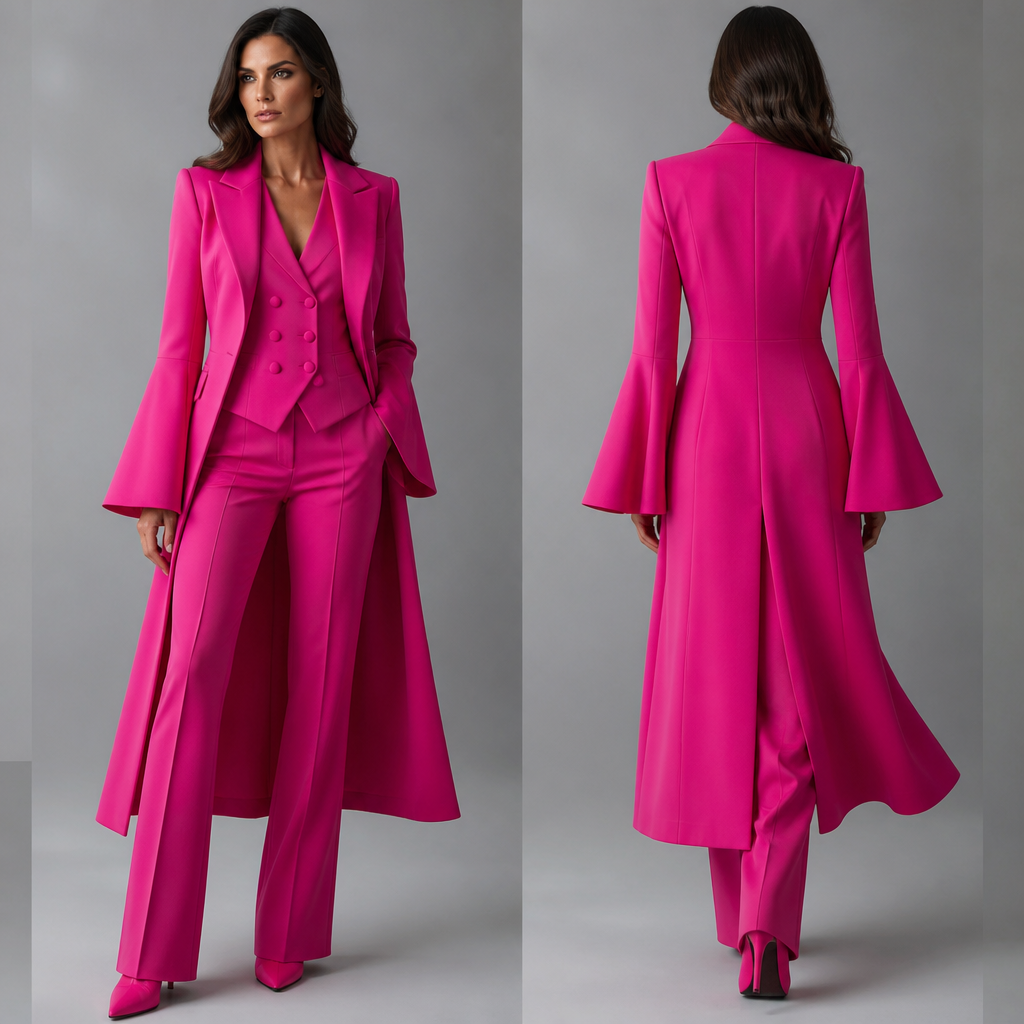 Fuchsia three piece suit womens long coat flair sleeves , double breasted vest , pants flair legs fuchsia b booties same fabric as the three piece suit .
photorealistic fashion design, Fuchsia three piece suit womens long coat flair sleeves , double breasted vest , pants flair legs fuchsia b booties same fabric as the three piece suit ., elegant style, just the design no text, show front and back