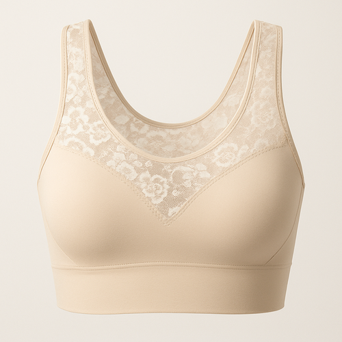 “Elegant women’s sports bra blending performance fabric with transparent lace details. Sculpting fit, floral lace overlay on neckline and straps, soft beige and white tones, premium seamless design, photographed in studio lighting, minimalist background.”