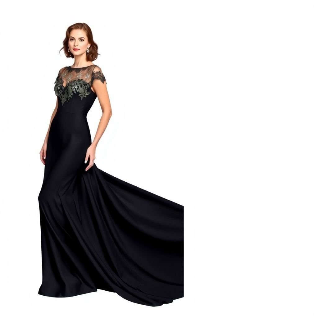 Design a gown with a clean, flowing silhouette – a classic column shape that falls gracefully from the shoulders to the ankles. The fabric would be a soft, flowing material like a matte jersey or a crepe, providing both modesty and elegance.
Envision a formal gown with a refined column silhouette, cascading elegantly from shoulder to ankle. Crafted from luxurious matte jersey, the design features a high boat neckline and delicate cap sleeves. Accentuate with a subtle lace overlay and a cinched waist, creating an air of sophistication for evening soirées and galas.