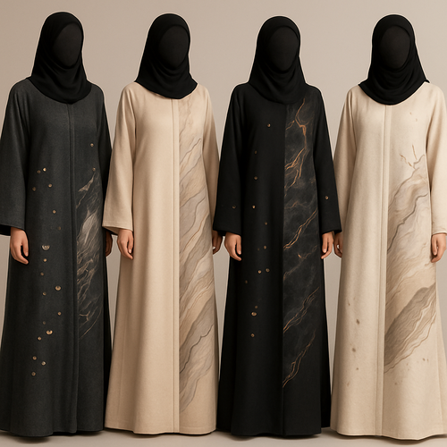 Create a modest abaya, the first of its kind, featuring a unique stone design that exudes a classy and sophisticated vibe. I'd like four designs, each showcasing different styles and fabrics. Incorporate high-end, unique chic stone designs to make them truly special. Add little sophisticated stone designs.