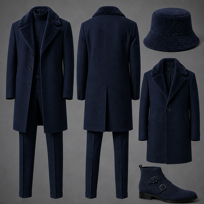 Make this outfit in navy
edit the attached fashion design with these instructions: Make this outfit in navy. keep it photorealistic, just the design no text