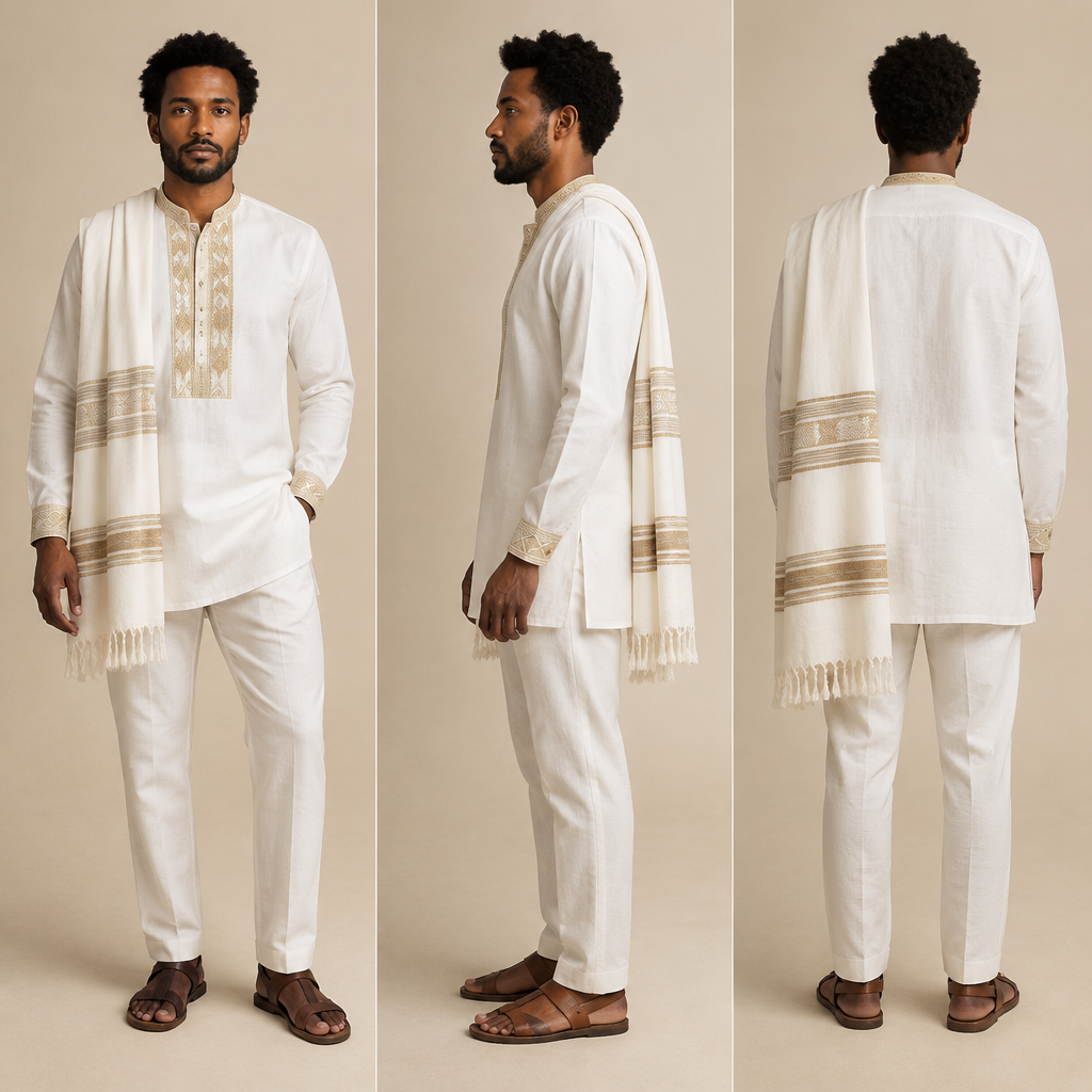 A Male Dress design, suitable for Summer. Consider Ethiopian fashion — habesha kemis, netela shawls, intricate hand-weaving, white cotton traditions. Present it as professional fashion catalogue photography: the garment is the subject, shown full-length with editorial styling, neutral posing and tasteful, non-suggestive framing.
photorealistic fashion design, A Male Dress design, suitable for Summer. Consider Ethiopian fashion — habesha kemis, netela shawls, intricate hand-weaving, white cotton traditions. Present it as professional fashion catalogue photography: the garment is the subject, shown full-length with editorial styling, neutral posing and tasteful, non-suggestive framing., just the design no text