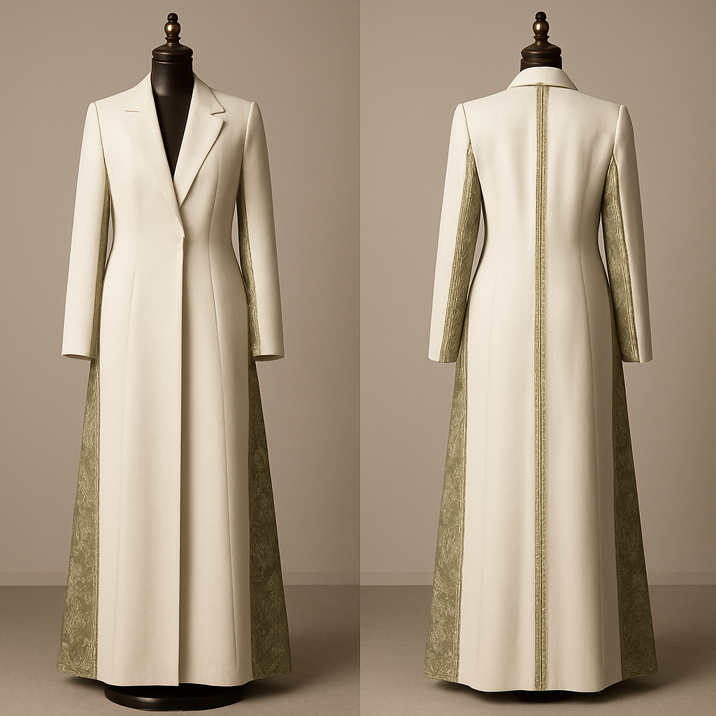 (structured blazer abaya).
photorealistic, English)
"Photorealistic full-length photograph of an ankle-length ivory-cream blazer-style abaya on a luxurious dark polished wooden mannequin with a brass neck cap. The abaya has a structured blazer silhouette: slightly padded shoulders, notched lapels, single hidden hook closure at waist, and tailored vertical seams for a clean fitted look. External Kashmiri jacquard panels (olive with subtle white motifs) are sewn on the outer edge of long side slits running from underarm to ankle. Matte gold Najdi geometric embroidery traces the outer edge of each Kashmiri panel and forms a centered vertical stripe 5–6 cm wide from nape to ankle. Fabrics: lightweight crepe/silk-blend body, Kashmiri jacquard panels, lightweight viscose lining. Styling: dark polished wooden mannequin, brass neck cap, warm studio lighting, neutral background, full-length view showing lapels, side panels and back stripe, high-detail texture, 4k resolution. Negative: no text, no watermark, no extra props."
"Ivory-cream ankle blazer-style abaya on dark wooden mannequin — notched lapels, structured shoulders, hidden waist closure, olive-white Kashmiri outer side panels underarm-to-ankle, gold Najdi embroidery along panel edges and 5–6 cm back stripe, photorealistic, studio light, full-length."
(structured blazer abaya).
photorealistic, English)
"Photorealistic full-length photograph of an ankle-length ivory-cream blazer-style abaya on a luxurious dark polished wooden mannequin with a brass neck cap. The abaya has a structured blazer silhouette: slightly padded shoulders, notched lapels, single hidden hook closure at waist, and tailored vertical seams for a clean fitted look. External Kashmiri jacquard panels (olive with subtle white motifs) are sewn on the outer edge of long side slits running from underarm to ankle. Matte gold Najdi geometric embroidery traces the outer edge of each Kashmiri panel and forms a centered vertical stripe 5–6 cm wide from nape to ankle. Fabrics: lightweight crepe/silk-blend body, Kashmiri jacquard panels, lightweight viscose lining. Styling: dark polished wooden mannequin, brass neck cap, warm studio lighting, neutral background, full-length view showing lapels, side panels and back stripe, high-detail texture, 4k resolution. Negative: no text, no watermark, no extra props."
"Ivory-cream ankle blazer-style abaya on dark wooden mannequin — notched lapels, structured shoulders, hidden waist closure, olive-white Kashmiri outer side panels underarm-to-ankle, gold Najdi embroidery along panel edges and 5–6 cm back stripe, photorealistic, studio light, full-length.", show front and back