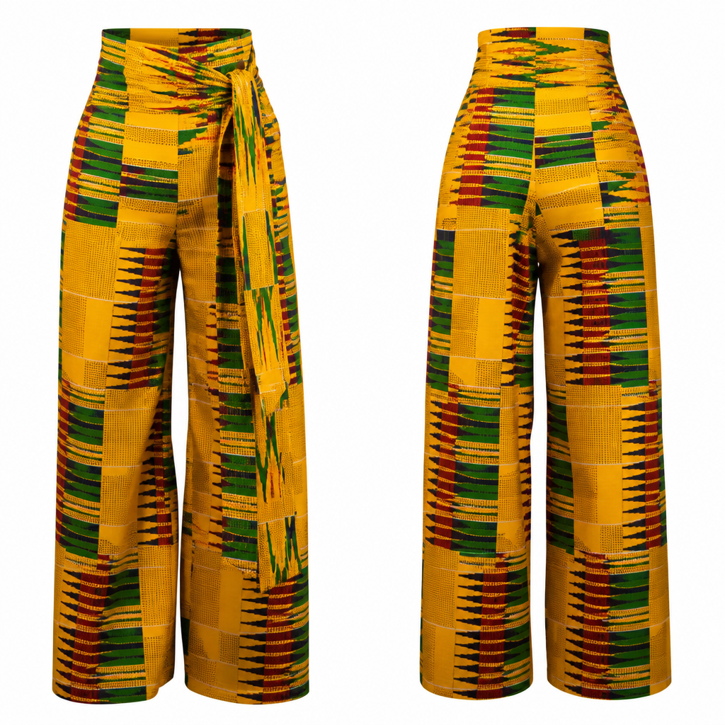A Pants design. yellow kente fabric, free and a wrapping waist with long straps
photorealistic fashion design, A Pants design. yellow kente fabric, free and a wrapping waist with long straps, just the design no text, show front and back