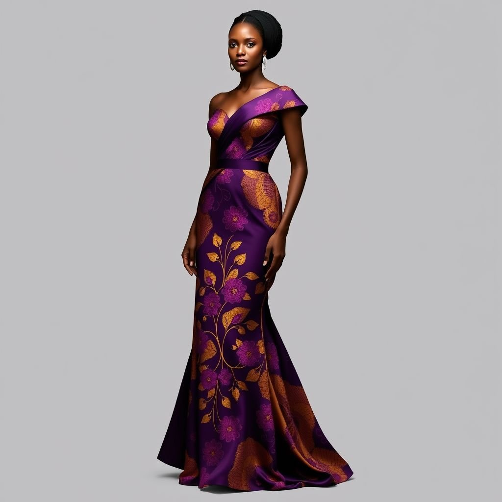 Design an African kente gown with the colours gold, purple and fuschia with floral details
Create an elegant, classic African kente gown that drapes gracefully, showcasing rich gold, regal purple, and vibrant fuchsia. Enhance the timeless silhouette with intricate floral embroidery that evokes a sense of tradition and sophistication. The gown's structured bodice transitions into a flowing skirt, celebrating heritage through a refined, modern lens.