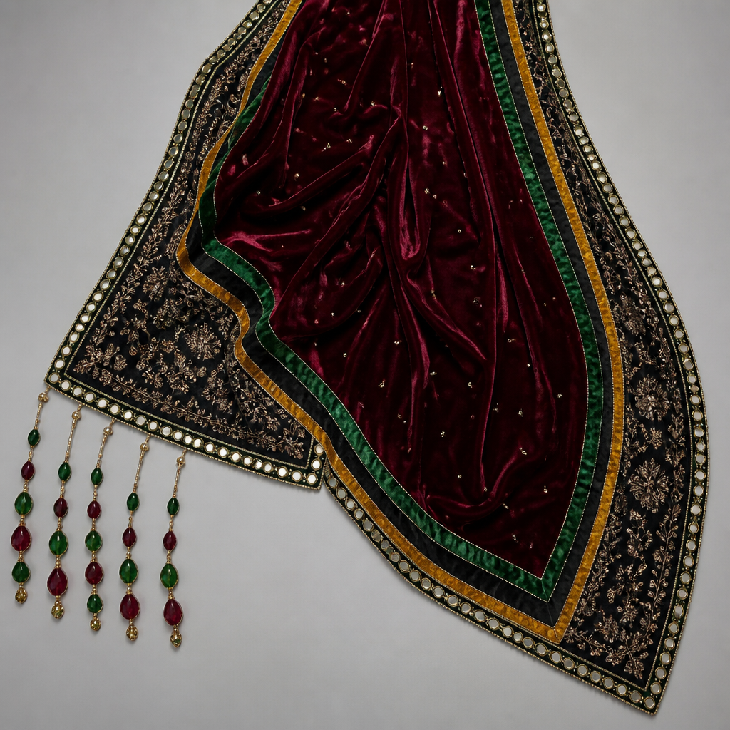 photorealistic fashion design, photorealistic fashion design, photorealistic fashion design, photorealistic fashion design, A Female Dress design. bright reddish maroon posheeda sheesh dupatta with 12 inches black border filled with entire katha work on the both the ends of the dupatta and give 1 inch mustard yellow brocade border with 2 inches black border with mirror work on the edge of the entire Dupatta. Design with modest coverage., just the design no text. Refinement: Make the maroon portion in posheeda sheesh , just the design no text. Refinement: Change the entire fabric to thin velvet, just the design no text. Refinement: Add one bright green border to on the inside on this same dupatta, just the design no text. Refinement: In this same Dupatta give 6 long strings of big high quality luxurious stones at one end of the dupatta in the colours used in the dupatta
photorealistic fashion design, photorealistic fashion design, photorealistic fashion design, photorealistic fashion design, photorealistic fashion design, A Female Dress design. bright reddish maroon posheeda sheesh dupatta with 12 inches black border filled with entire katha work on the both the ends of the dupatta and give 1 inch mustard yellow brocade border with 2 inches black border with mirror work on the edge of the entire Dupatta. Design with modest coverage., just the design no text. Refinement: Make the maroon portion in posheeda sheesh , just the design no text. Refinement: Change the entire fabric to thin velvet, just the design no text. Refinement: Add one bright green border to on the inside on this same dupatta, just the design no text. Refinement: In this same Dupatta give 6 long strings of big high quality luxurious stones at one end of the dupatta in the colours used in the dupatta, just the design no text