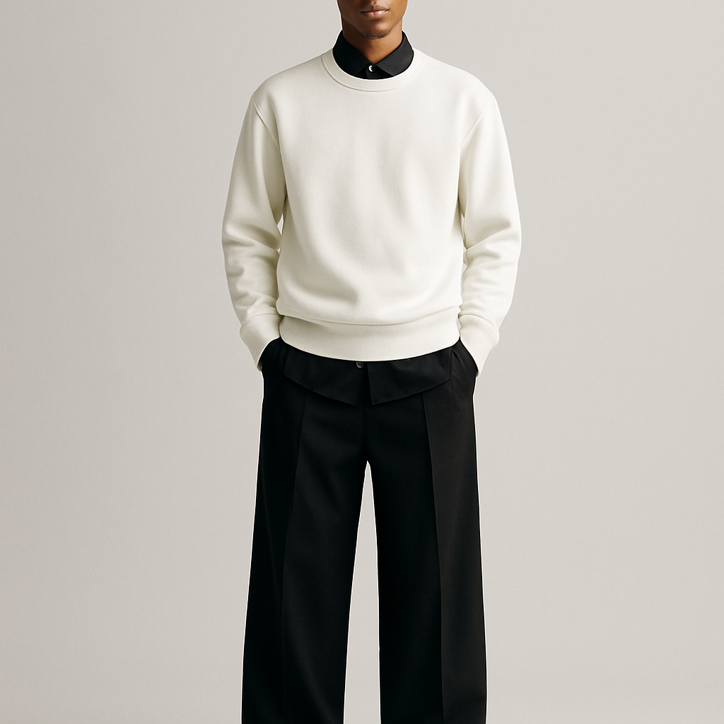 White plain long sleeve sweatshirt with black button up underneath and oversized black slack bottoms
White plain long sleeve sweatshirt with black button up underneath and oversized black slack bottoms, business style