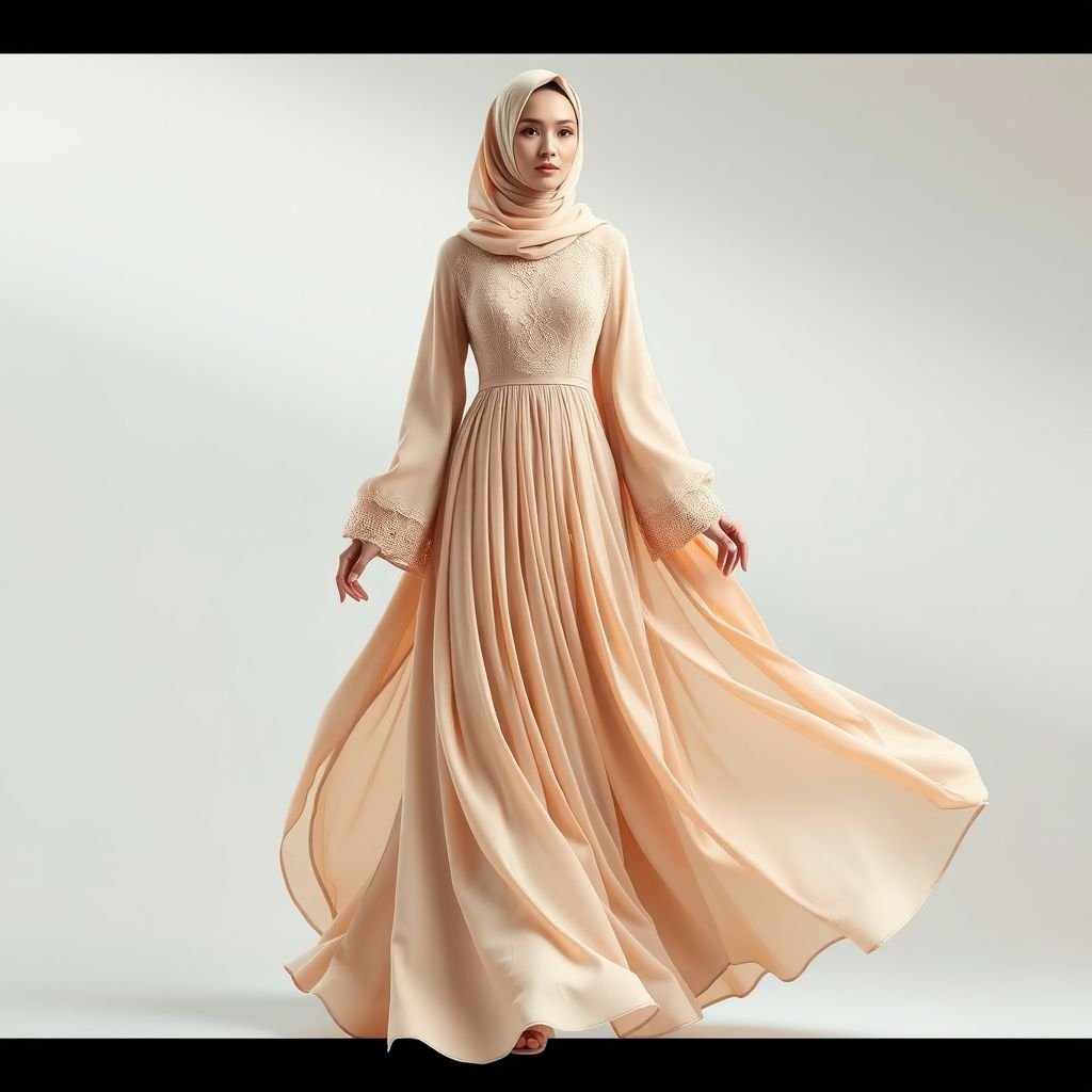 Very Romantic, modern, French inspired Muslim dress
Design an elegant, modern Muslim dress that exudes romance, inspired by French fashion. Picture flowing layers of soft pastel silk, adorned with delicate lace details and a subtle floral embroidery. Incorporate a high neckline and long, billowing sleeves, finished with a refined draped silhouette that gracefully enhances the wearer’s form.