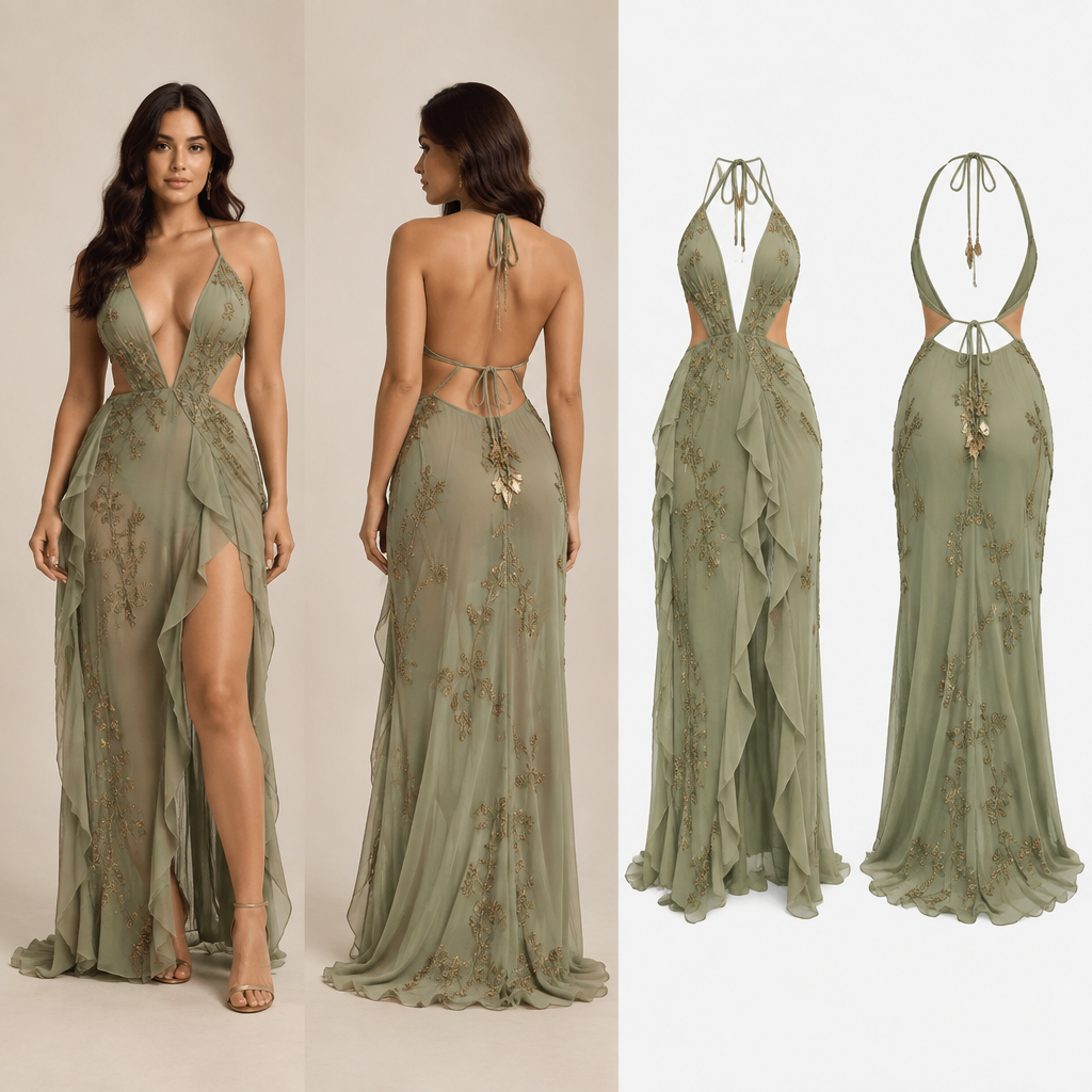 A Female Dress design, with a minimal-coverage cut, in Elegant style, shown on a model with a curvy figure Present it as professional fashion catalogue photography: the garment is the subject, shown full-length with editorial styling, neutral posing and tasteful, non-suggestive framing.
photorealistic fashion design, A Female Dress design, with a minimal-coverage cut, in Elegant style, shown on a model with a curvy figure Present it as professional fashion catalogue photography: the garment is the subject, shown full-length with editorial styling, neutral posing and tasteful, non-suggestive framing., elegant style, just the design no text, show front and back