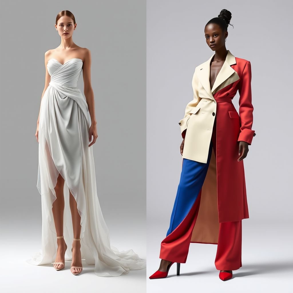 Crea un abito ispirato alla Venere di Nike solo per la parte alta sinistra e la parte bassa sinistra del vestito, le rimanenti crea un tailleur esageratamente extralarge
Design a gown inspired by the grace of Nike's Venus, featuring an ethereal, draped bodice on the top left with flowing, sheer fabrics that evoke movement. The bottom left showcases a rebellious, oversized tailored suit in bold colors and exaggerated proportions, merging classical elegance with modern avant-garde flair, creating a striking silhouette.