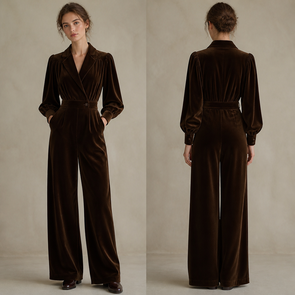 A Female Jumpsuit design, made of Velvet, for Casual, suitable for Spring, in Classic + Light Academia + Italian style. Ukraine fashion aesthetics.
photorealistic fashion design, A Female Jumpsuit design, made of Velvet, for Casual, suitable for Spring, in Classic + Light Academia + Italian style. Ukraine fashion aesthetics., classic style, just the design no text, show front and back
