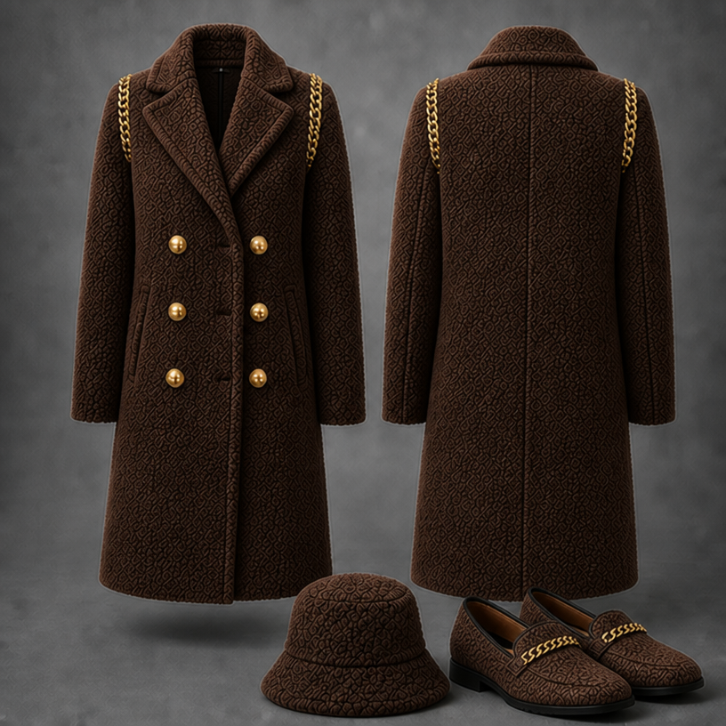 Make this in brown
edit the attached fashion design with these instructions: Make this in brown. keep it photorealistic, just the design no text