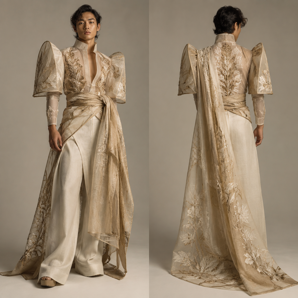 Men’s couture inspired by a traditional dress from the Philippines and make it Vogue inspired
photorealistic fashion design, Men’s couture inspired by a traditional dress from the Philippines and make it Vogue inspired, gender_fluid style, just the design no text, show front and back