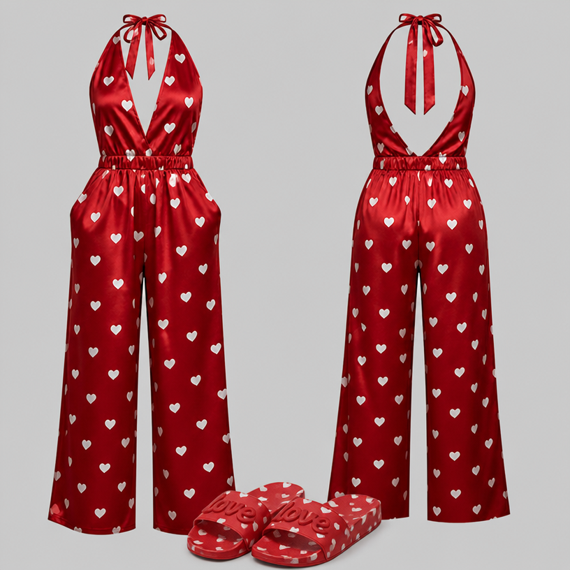 Add some slip on slippers with the same print and make the rubber spell LOVE
edit the attached fashion design with these instructions: Add some slip on slippers with the same print and make the rubber spell LOVE. keep it photorealistic, just the design no text