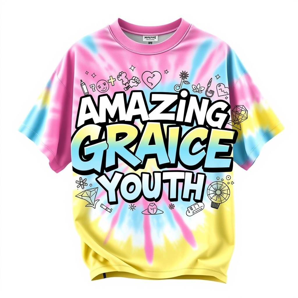 Put “Amazing Grace Youth” in a design for the front of a shirt
Create a vibrant streetwear-inspired shirt featuring the phrase "Amazing Grace Youth" in bold, graffiti-style typography. The shirt should have oversized, relaxed fit with a tie-dye background in uplifting colors like pastel pink, sky blue, and sunny yellow. Add intricate illustrations of youth empowerment symbols surrounding the text for an inspiring touch.