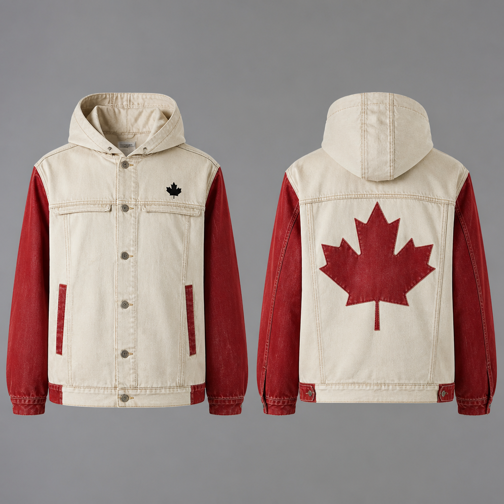 A Female Coat design, made of Denim, for Streetwear, suitable for Fall, in Denim style. maak een tomboy jasje geinspireerd door de vlag van canada, het rode blad moet op de achterkant van de hoodie staan en er moet ook linksboven aan de voorkant een klein zwart blad zijn. maak het materiaal waar de jas van gemaakt is wit en rode denim
photorealistic fashion design, A Female Coat design, made of Denim, for Streetwear, suitable for Fall, in Denim style. maak een tomboy jasje geinspireerd door de vlag van canada, het rode blad moet op de achterkant van de hoodie staan en er moet ook linksboven aan de voorkant een klein zwart blad zijn. maak het materiaal waar de jas van gemaakt is wit en rode denim, denim style, just the design no text, show front and back