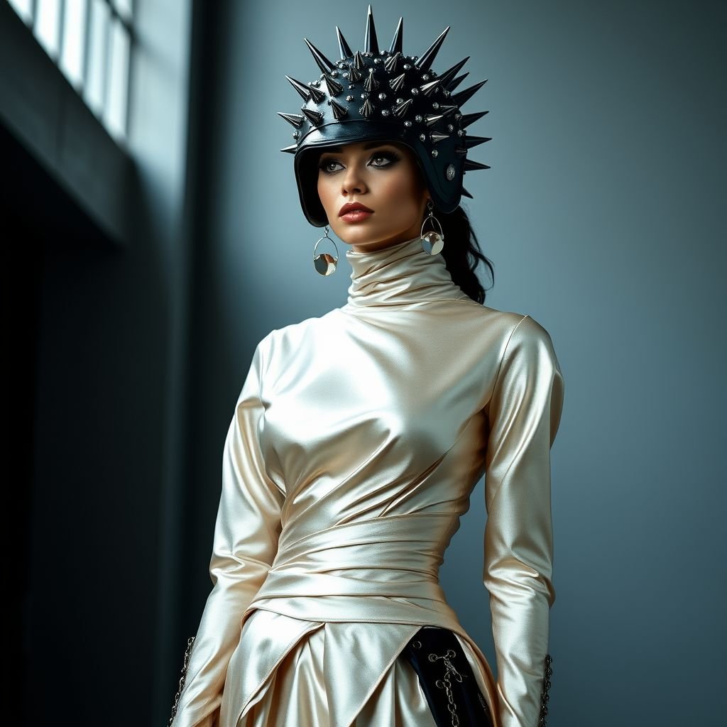 Silk wedding dress for couture with turtle neck finish, an extravagant cap
Design a striking punk-inspired wedding dress crafted from shimmering silk, featuring a high turtle neck that exudes rebellious elegance. The gown boasts an extravagant oversized cap adorned with spikes and studs, while edgy asymmetrical layers and bold black accents create a dramatic silhouette. Incorporate unexpected elements like chains or plaid patterns for a true punk edge.