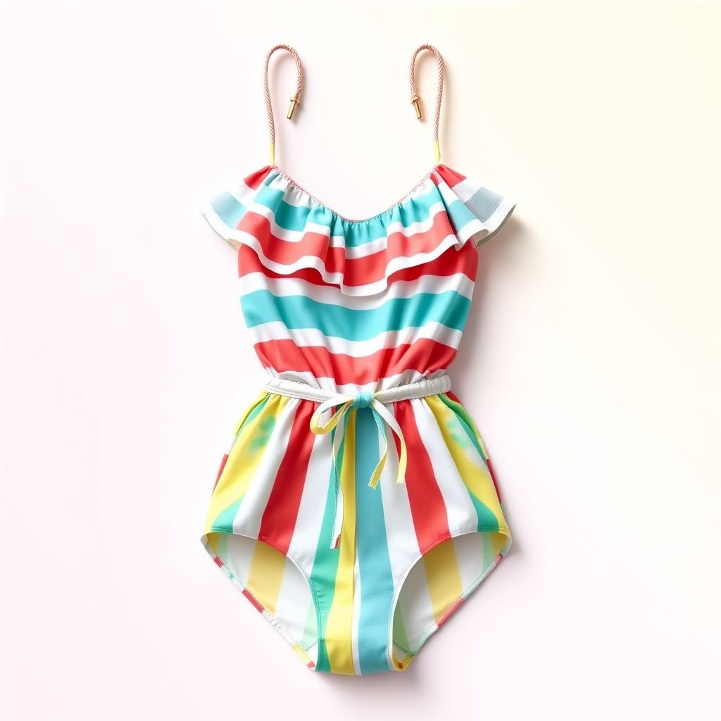 One piece with thin stripes - inspired by solid and strip
Design a vibrant summer one-piece featuring thin, alternating stripes in refreshing beach colors like coral, aqua, and sunny yellow. Incorporate playful ruffles along the neckline and legs, mimicking ocean waves. Lightweight, breathable fabric ensures comfort in the heat, while a tied waist adds a cinched silhouette, perfect for summer adventures.