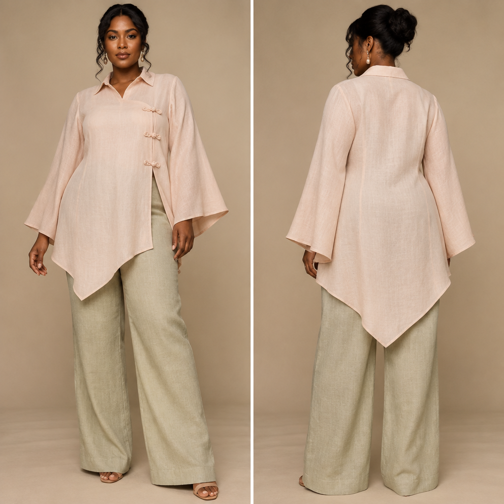 A Female Top design, made of Linen, in a Pastels color palette, in Glamorous style, shown on a model with brown skin and a curvy figure. Je veux un haut amole a manche évasées longues, col chemise, les cotes amples avec un cotes avec une fente mais des boutons chinois, le bas est dans un tombé triangulaire sur un côté. Design with modest coverage. Present it as professional fashion catalogue photography: the garment is the subject, shown full-length with editorial styling, neutral posing and tasteful, non-suggestive framing.
photorealistic fashion design, A Female Top design, made of Linen, in a Pastels color palette, in Glamorous style, shown on a model with brown skin and a curvy figure. Je veux un haut amole a manche évasées longues, col chemise, les cotes amples avec un cotes avec une fente mais des boutons chinois, le bas est dans un tombé triangulaire sur un côté. Design with modest coverage. Present it as professional fashion catalogue photography: the garment is the subject, shown full-length with editorial styling, neutral posing and tasteful, non-suggestive framing., glamorous style, just the design no text, show front and back