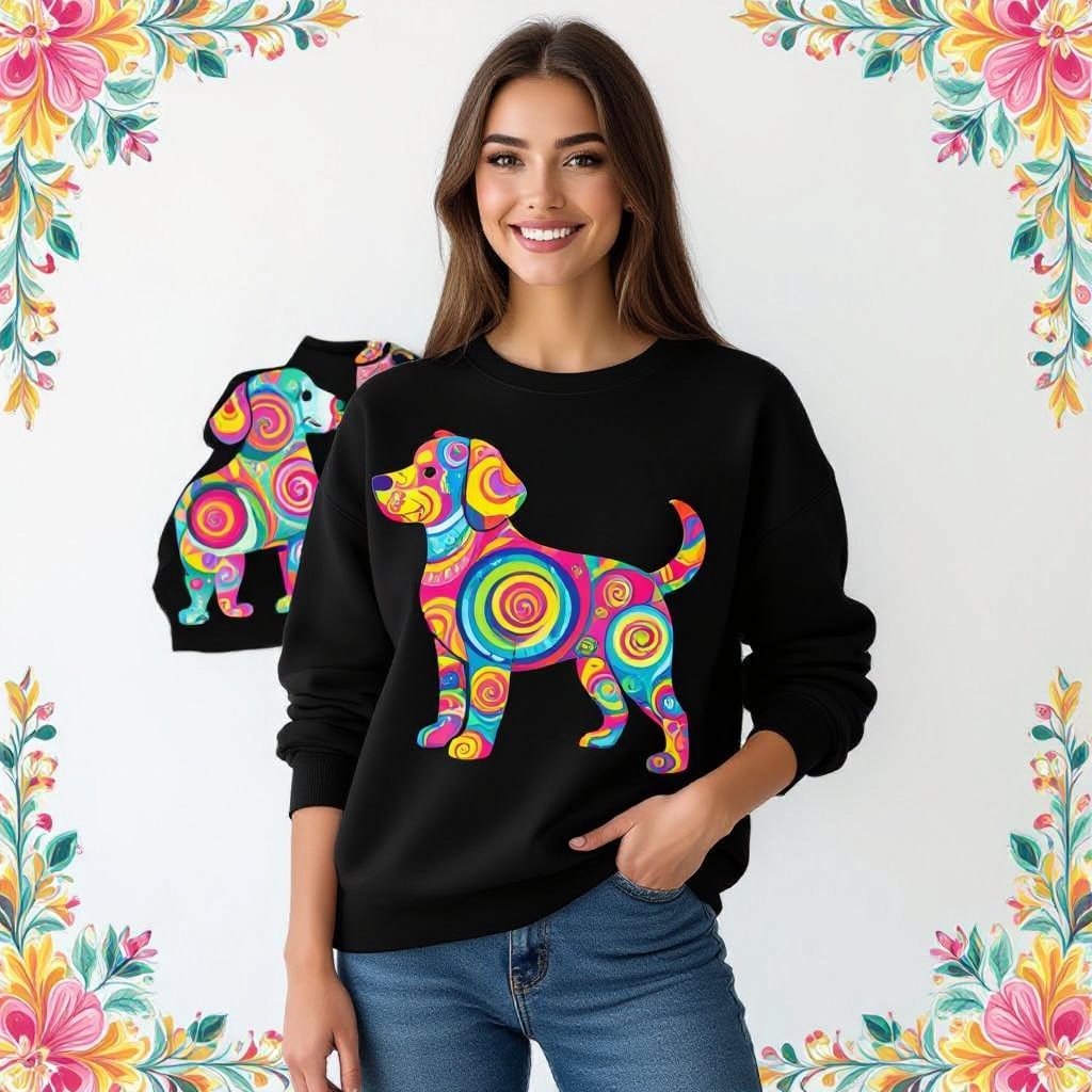 Create a boho design on a black white background. The design should be a design of a dod with colored swirls inside the dog shape boundaries on white background. Dont show anyone wearing a tshirt, i just want the design
Design a boho print for a black top. The print features a dog outline with vibrant, colored swirls filling the shape, set against a white background.