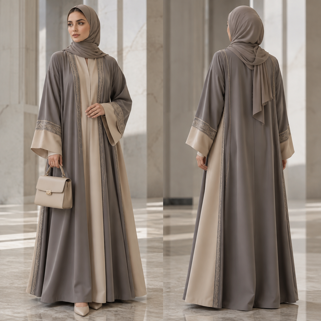 photorealistic fashion design, A Female Abaya design, with a soft, cosy hand, with a Relaxed silhouette, with modest, full coverage: longer hemlines, higher necklines and covered shoulders, suitable for Winter, suited to a Cold climate, in Glamorous + Elegant + Business style. IQ fashion aesthetics. Present it as professional fashion catalogue photography: the garment is the subject, shown full-length with editorial styling, neutral posing and tasteful, non-suggestive framing., glamorous style, just the design no text, show front and back. Refinement: غير لون العباءة من الاسود الى الرصاصي والبيج
photorealistic fashion design, photorealistic fashion design, A Female Abaya design, with a soft, cosy hand, with a Relaxed silhouette, with modest, full coverage: longer hemlines, higher necklines and covered shoulders, suitable for Winter, suited to a Cold climate, in Glamorous + Elegant + Business style. IQ fashion aesthetics. Present it as professional fashion catalogue photography: the garment is the subject, shown full-length with editorial styling, neutral posing and tasteful, non-suggestive framing., glamorous style, just the design no text, show front and back. Refinement: غير لون العباءة من الاسود الى الرصاصي والبيج, just the design no text